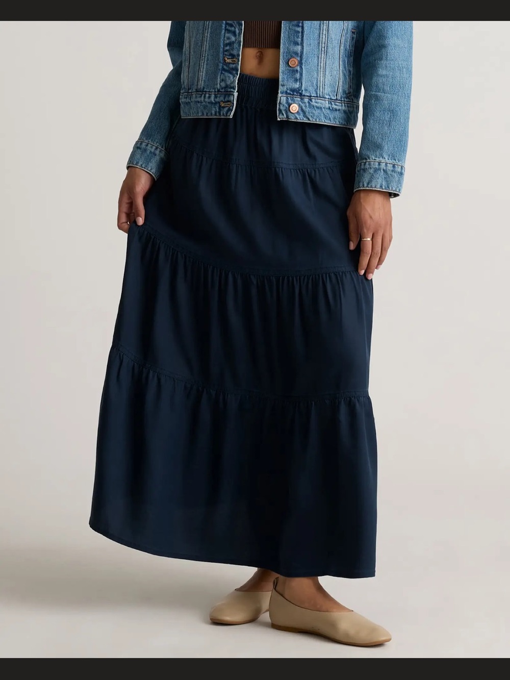 Quince Vintage Wash Tiered Maxi Skirt in Navy, L